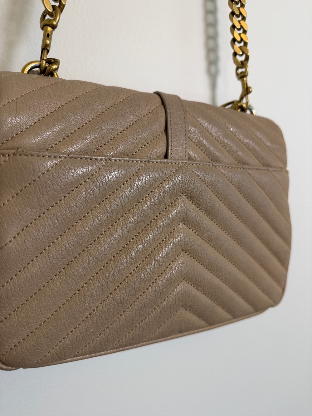 100% AUTH YSL Saint Laurent Dark Beige Sheepskin Matelassé Chevron College Bag - Picture 9 of 14